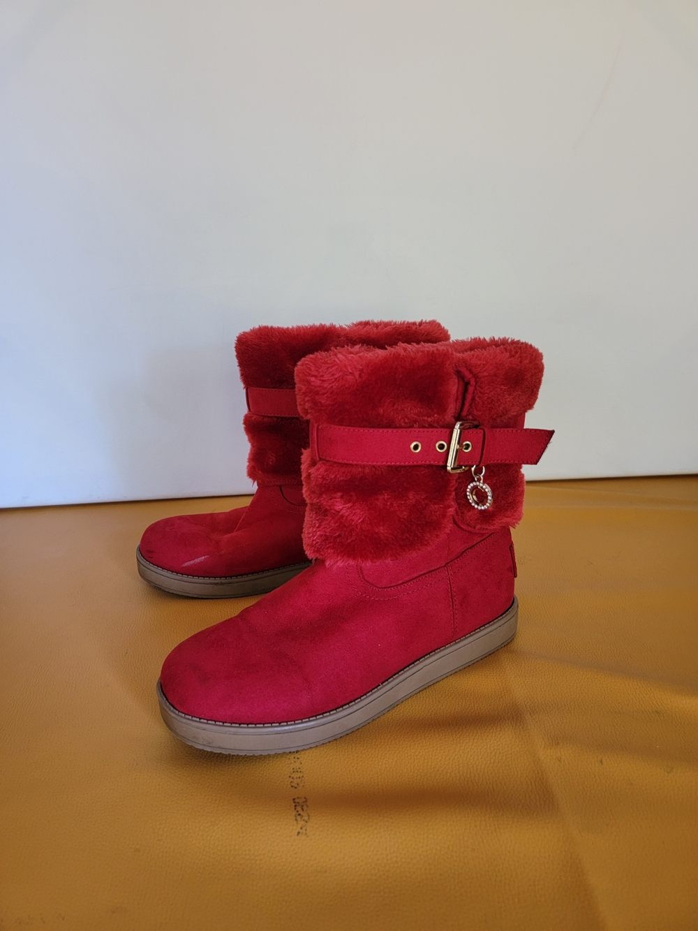 BGB By GUESS Red Faux Fur Strap Ankle Boots